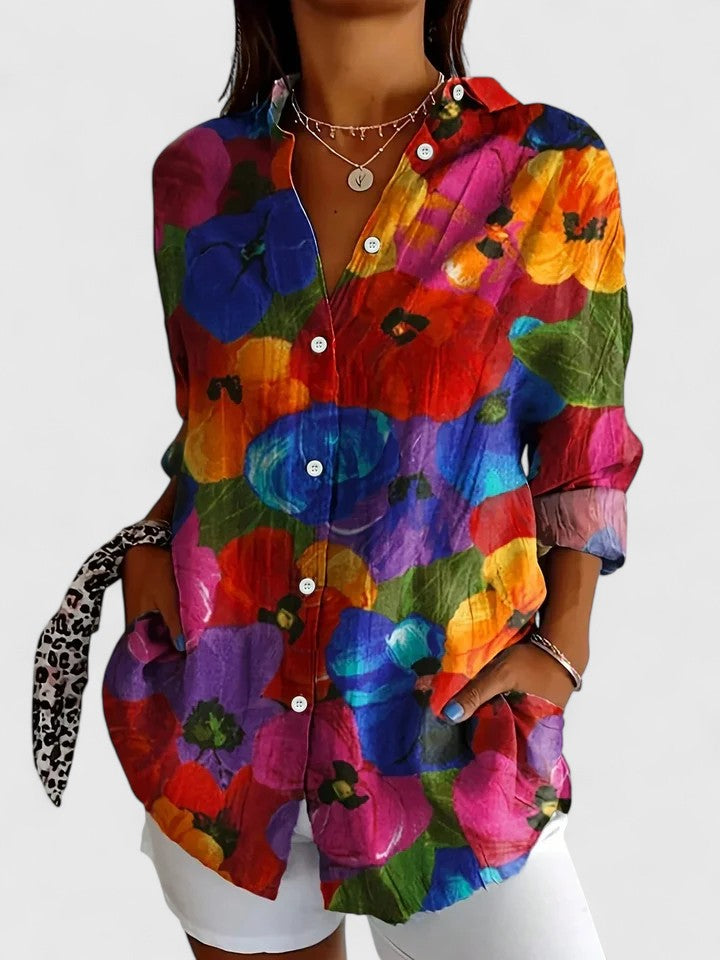 Women's Button-Up Blouse with Artistic Print and Relaxed Fit