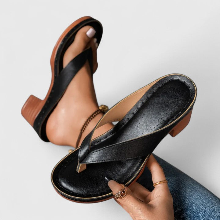 Thong-Style Block Heel with Contoured Footbed and Wood-Grain Sole