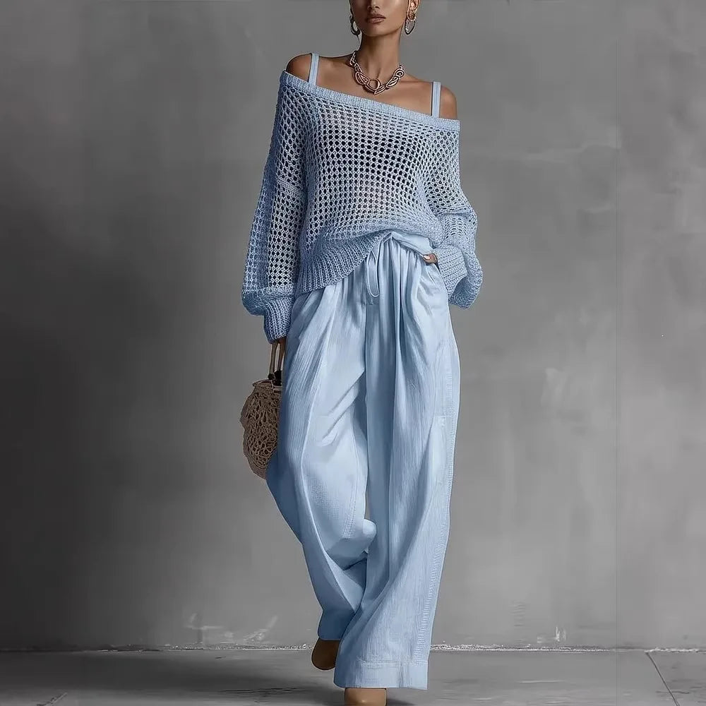 Off-Shoulder Top with Wide-Leg Trousers, Textured Fabric Two-Piece Set