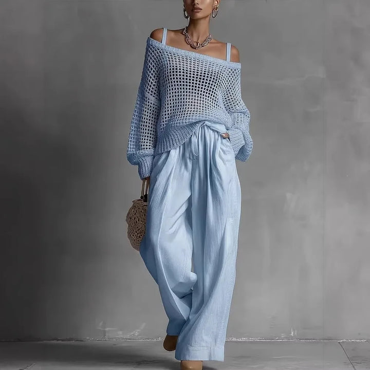 Off-Shoulder Top with Wide-Leg Trousers, Textured Fabric Two-Piece Set