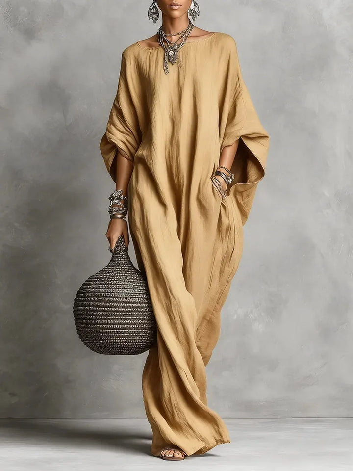 Oversized Linen Maxi Dress with Batwing Sleeves and Breathable Fabric