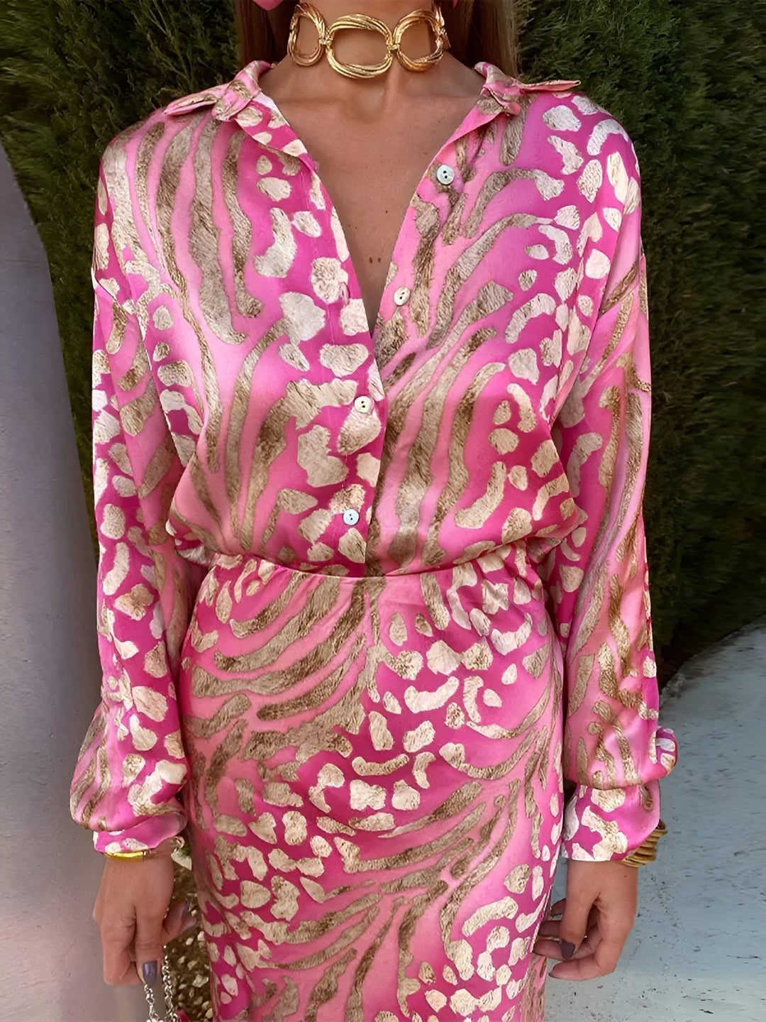 Long Sleeve Flowing Dress with Wrinkle-Resistant Fabric and Structured Neckline