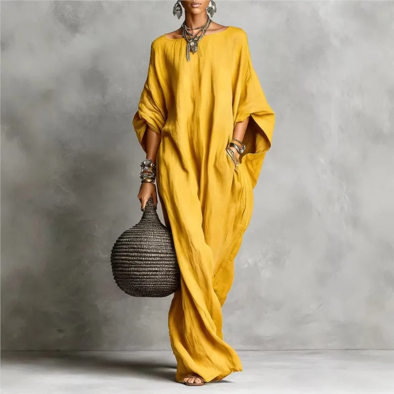 Oversized Linen Maxi Dress with Batwing Sleeves and Breathable Fabric