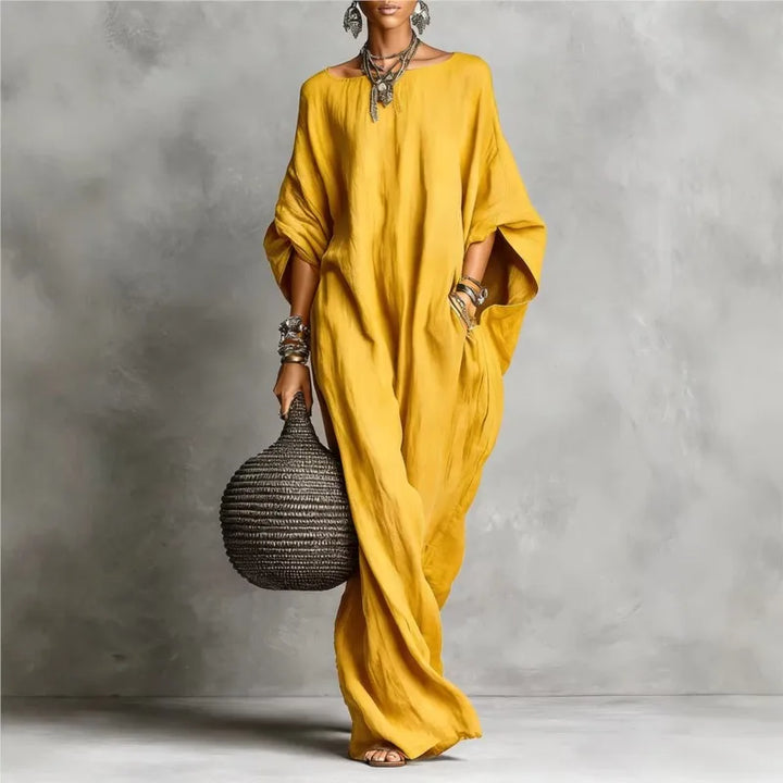 Oversized Linen Maxi Dress with Batwing Sleeves and Breathable Fabric