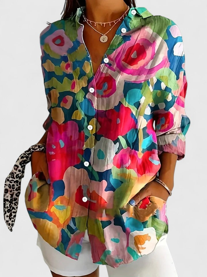 Women's Button-Up Blouse with Artistic Print and Relaxed Fit