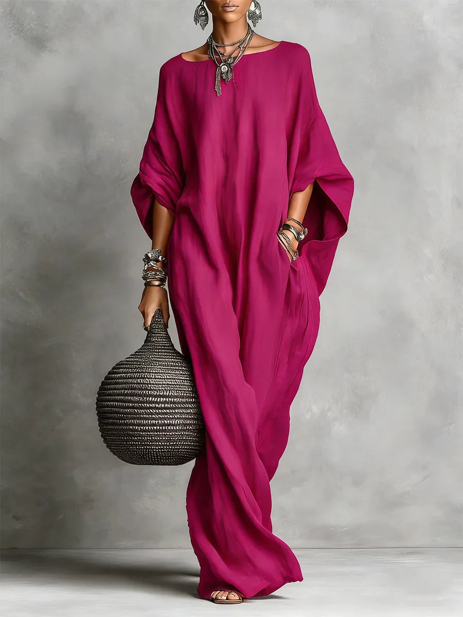 Oversized Linen Maxi Dress with Batwing Sleeves and Breathable Fabric