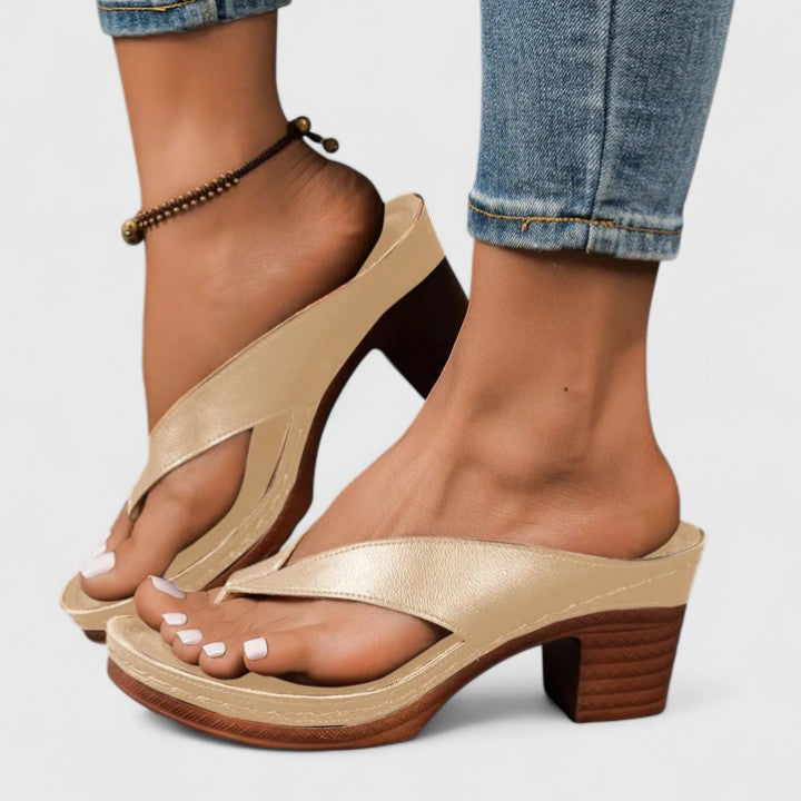 Thong-Style Block Heel with Contoured Footbed and Wood-Grain Sole