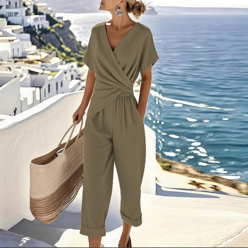 Wrap-Front Top and Cropped Pants Set with Breathable Fabric