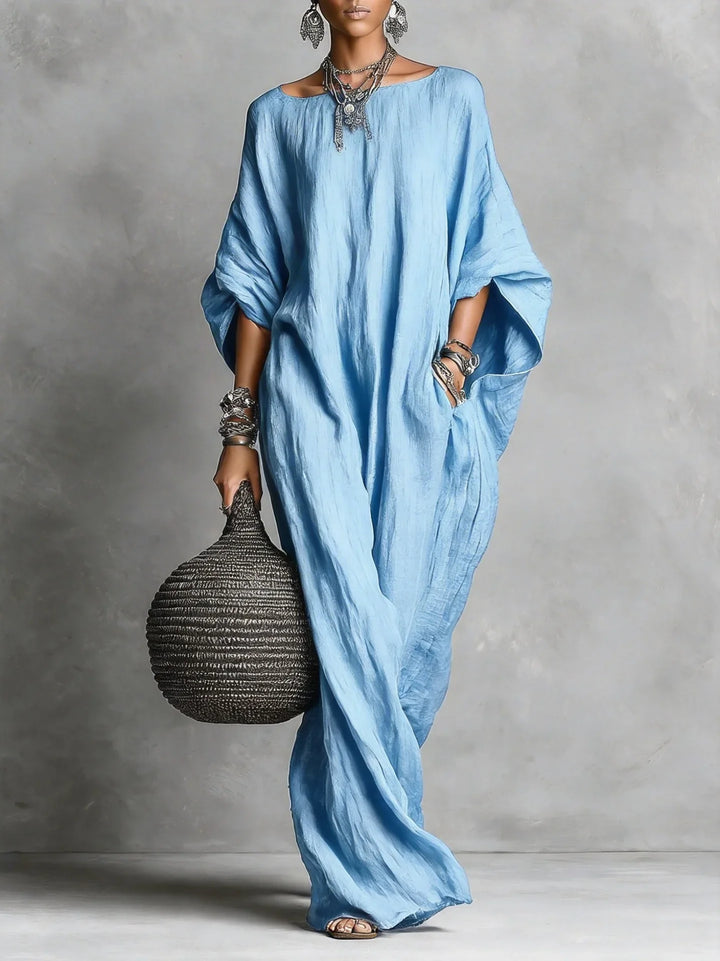 Oversized Linen Maxi Dress with Batwing Sleeves and Breathable Fabric