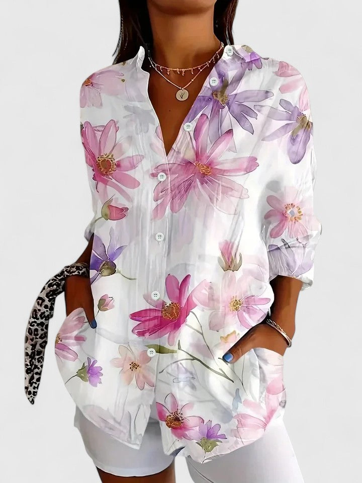Women's Button-Up Blouse with Artistic Print and Relaxed Fit