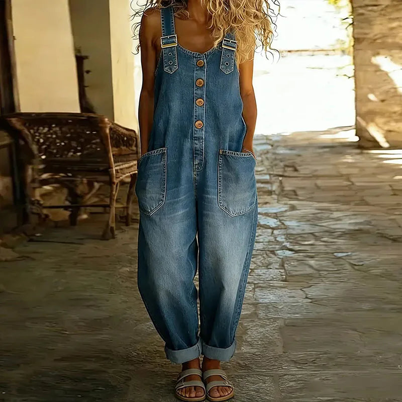 Wide-Leg Overalls with Adjustable Straps and Vintage Denim Aesthetic