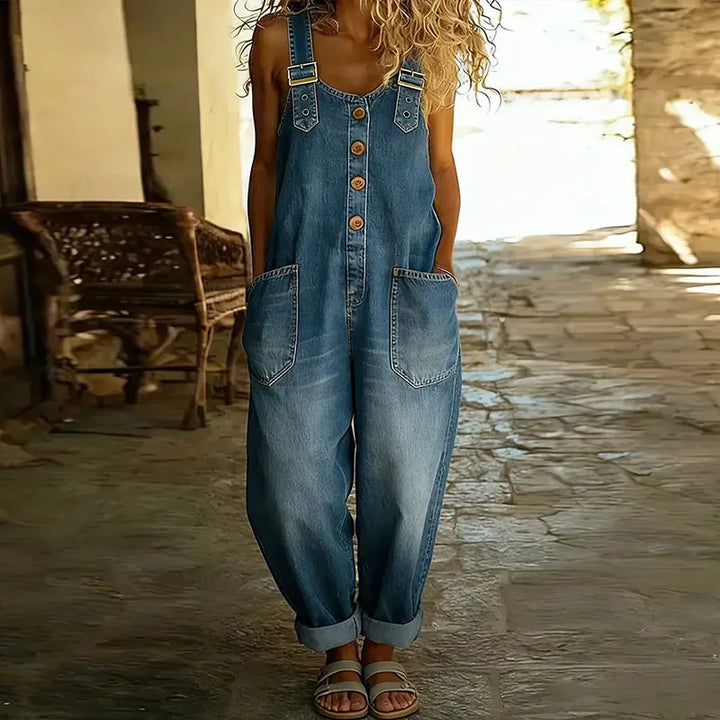 Wide-Leg Overalls with Adjustable Straps and Vintage Denim Aesthetic