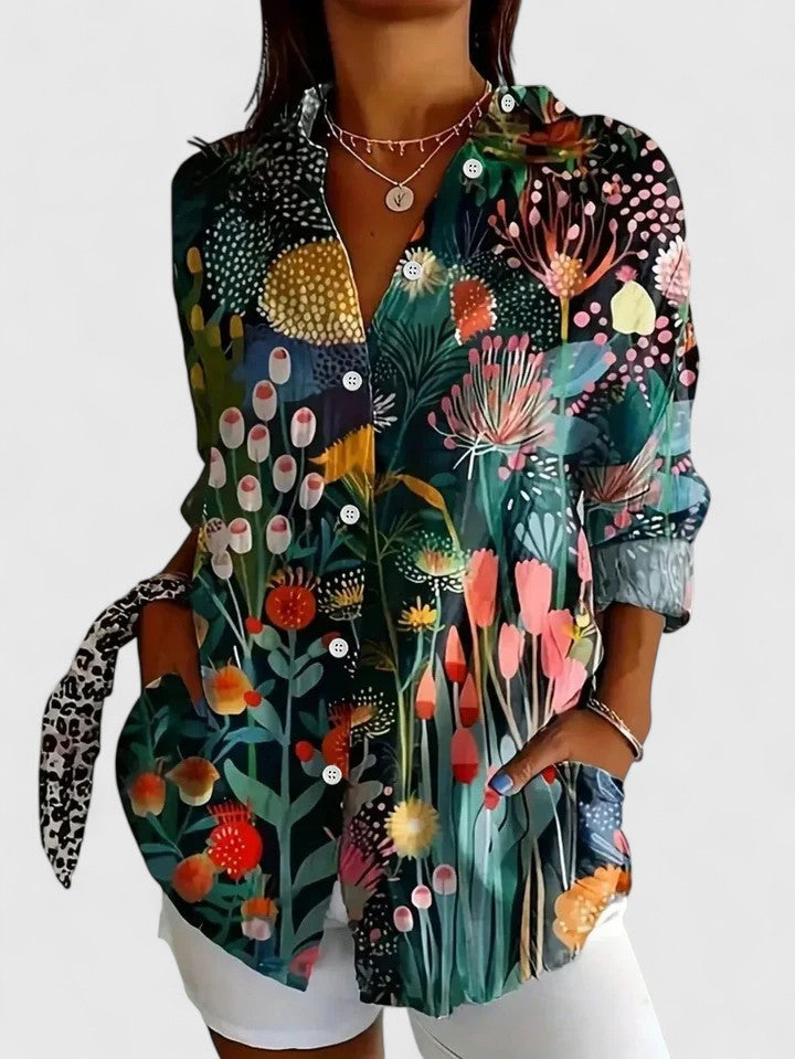 Women's Button-Up Blouse with Artistic Print and Relaxed Fit