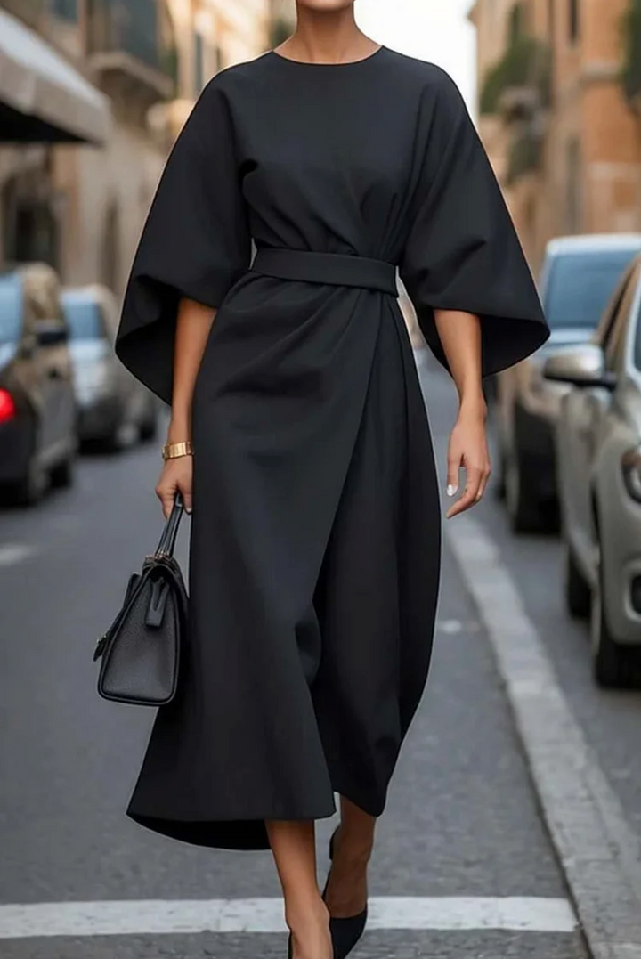 Women's Lantern Sleeve Dress with Waist Belt and Defined Silhouette