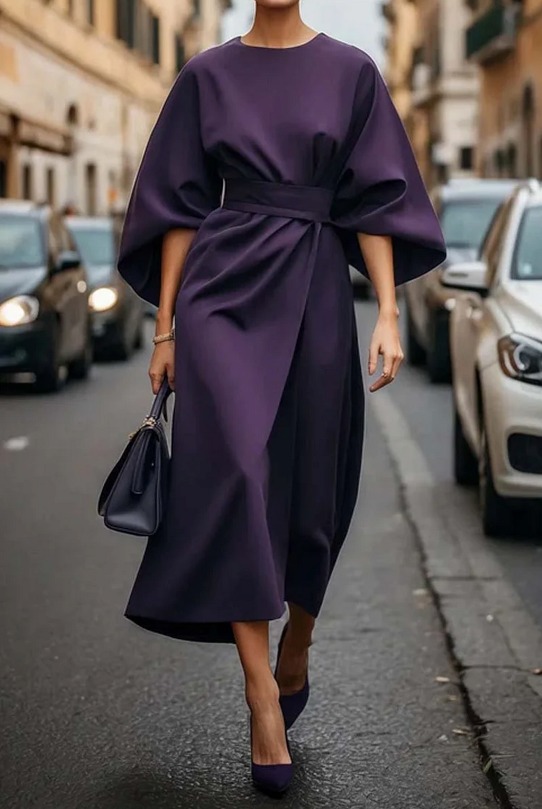 Women's Lantern Sleeve Dress with Waist Belt and Defined Silhouette