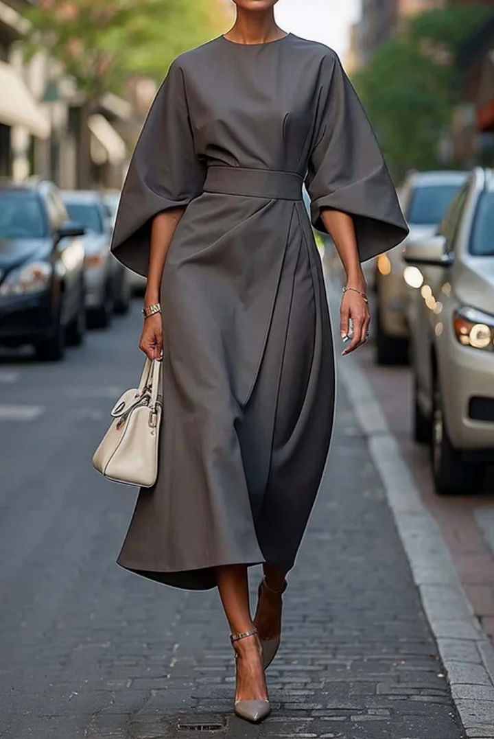 Women's Lantern Sleeve Dress with Waist Belt and Defined Silhouette