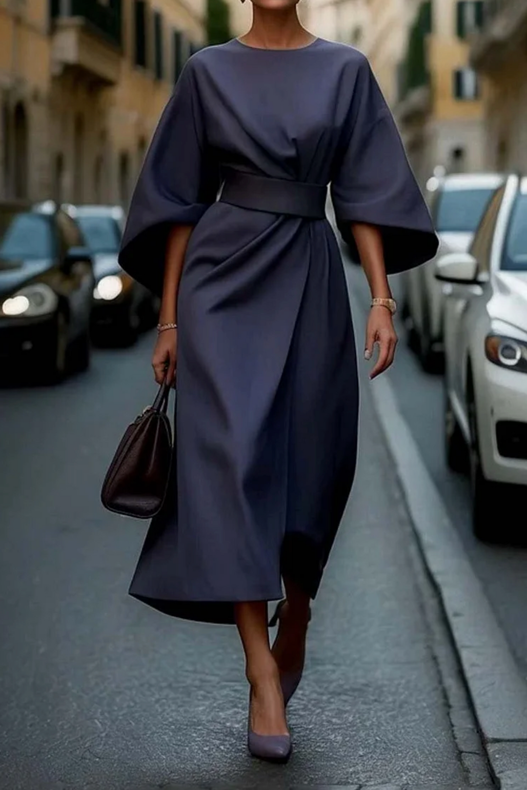 Women's Lantern Sleeve Dress with Waist Belt and Defined Silhouette