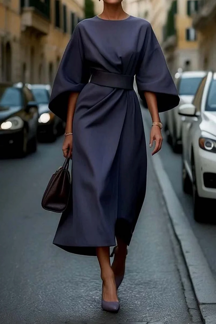 Women's Lantern Sleeve Dress with Waist Belt and Defined Silhouette