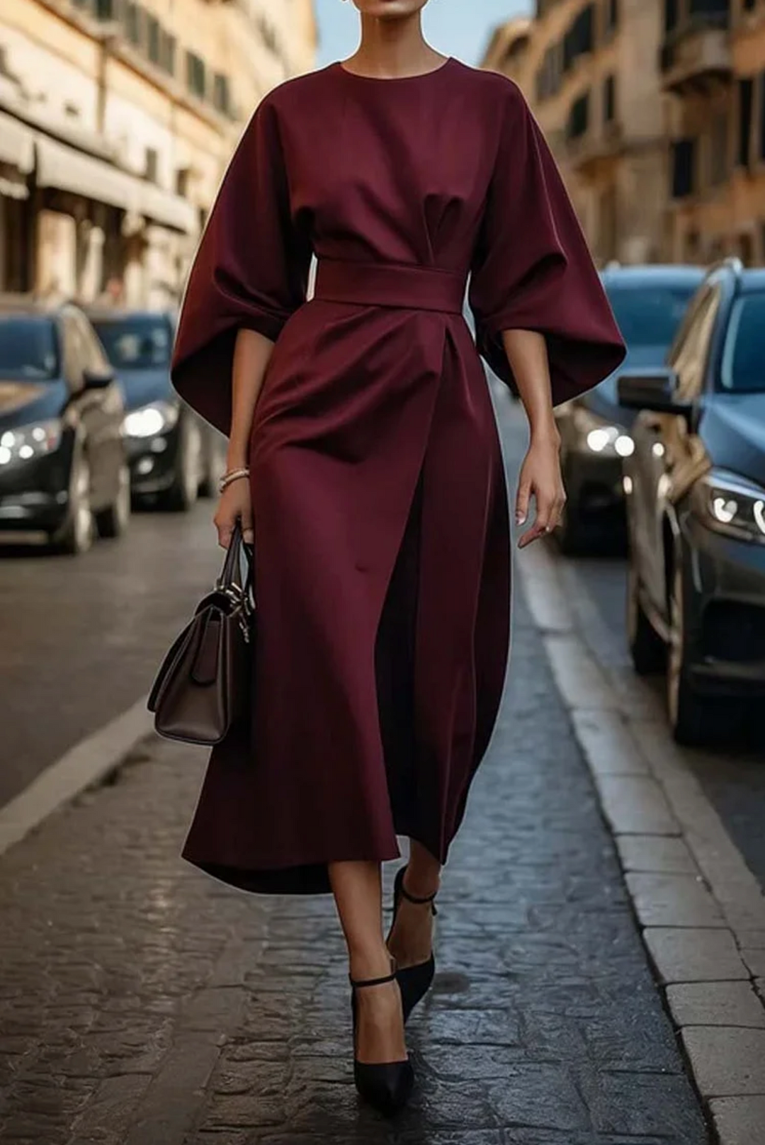 Women's Lantern Sleeve Dress with Waist Belt and Defined Silhouette
