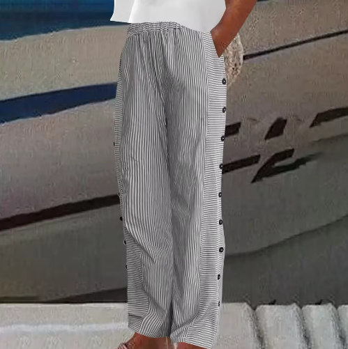 Vertical Striped Casual Pants with High Waist and Elastic Waistband