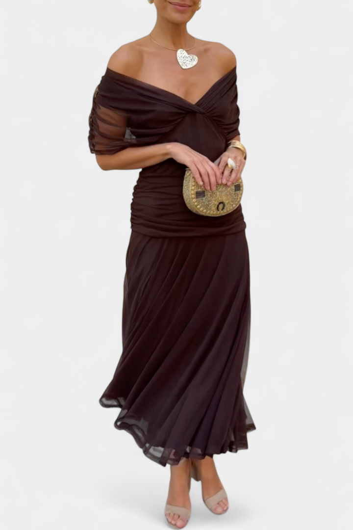 Long Floral Dress with V-Neckline and Pleated Waist Detail