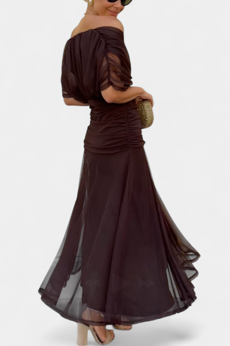 Long Floral Dress with V-Neckline and Pleated Waist Detail