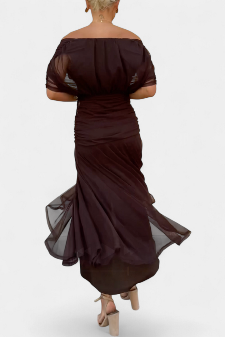 Long Floral Dress with V-Neckline and Pleated Waist Detail