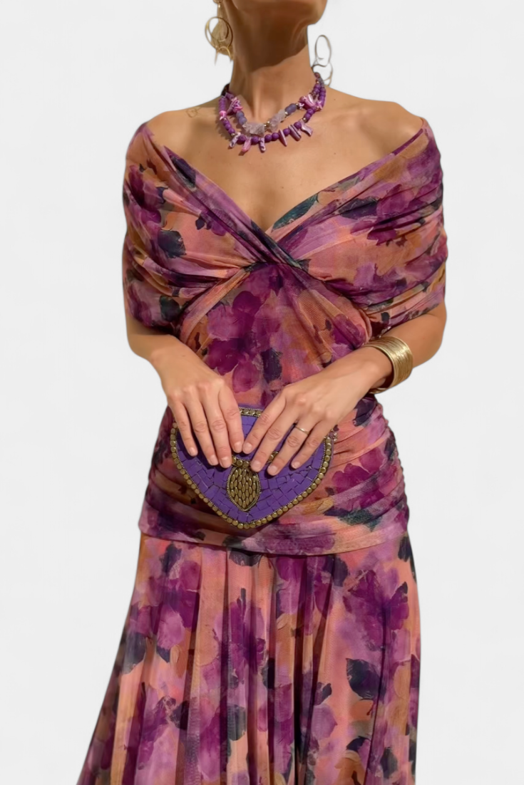 Long Floral Dress with V-Neckline and Pleated Waist Detail