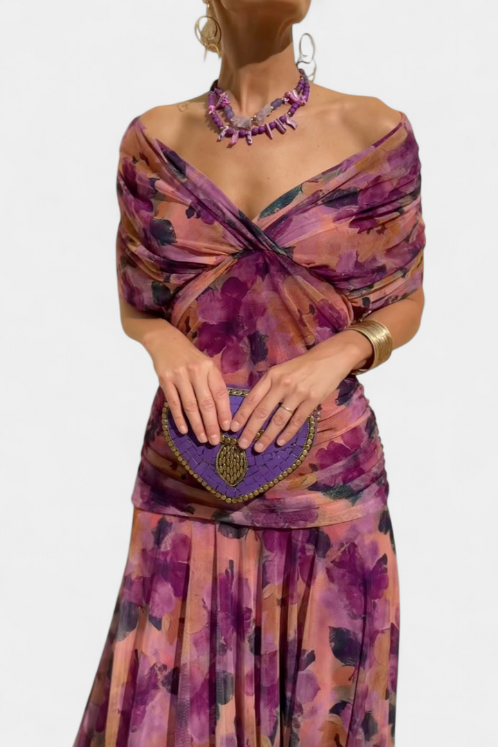 Long Floral Dress with V-Neckline and Pleated Waist Detail