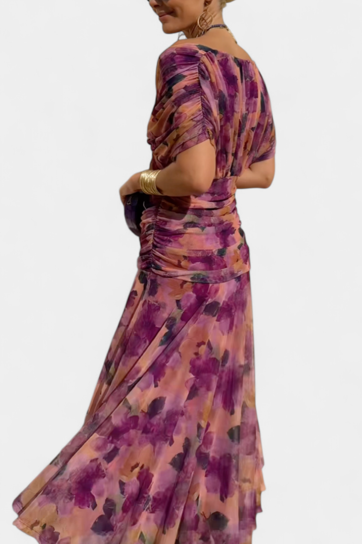 Long Floral Dress with V-Neckline and Pleated Waist Detail
