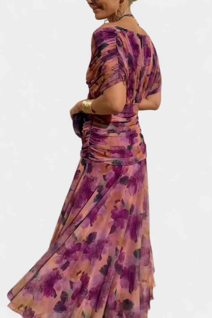 Long Floral Dress with V-Neckline and Pleated Waist Detail