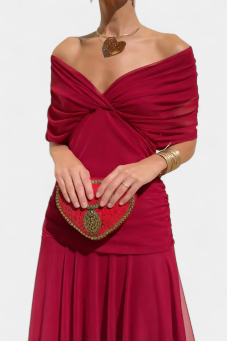 Long Floral Dress with V-Neckline and Pleated Waist Detail
