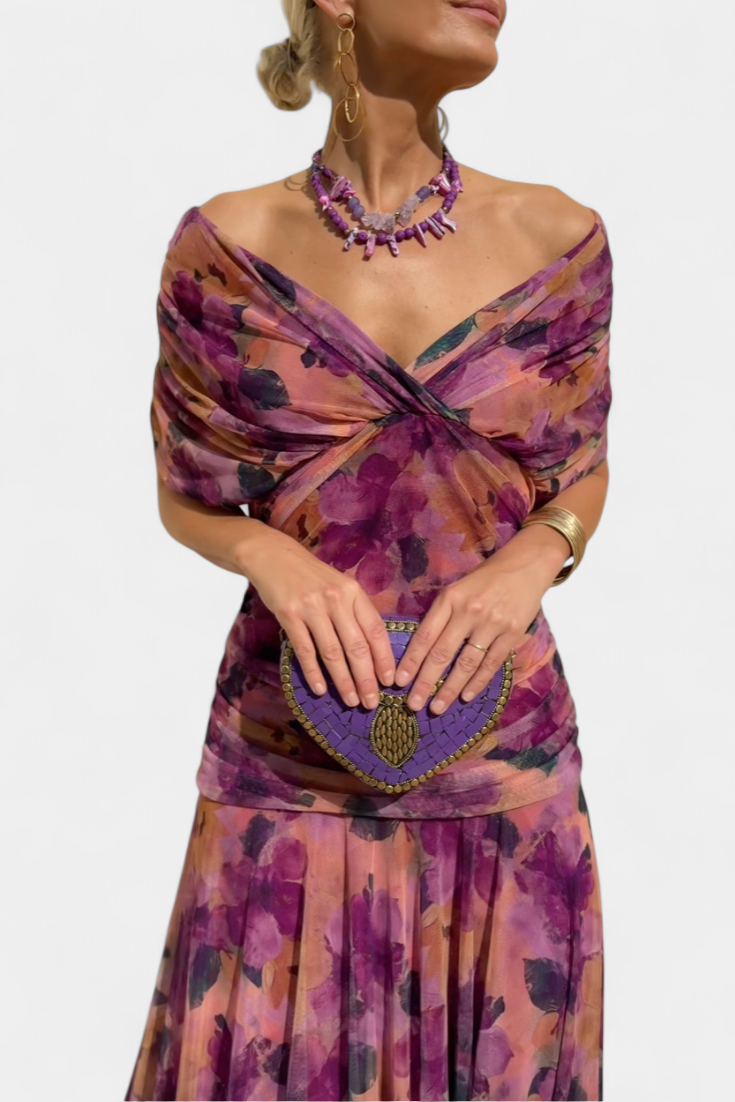 Long Floral Dress with V-Neckline and Pleated Waist Detail