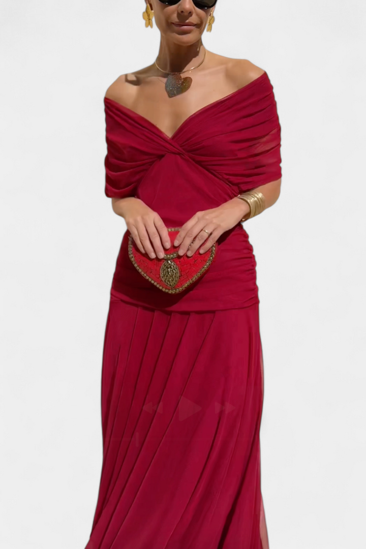 Long Floral Dress with V-Neckline and Pleated Waist Detail