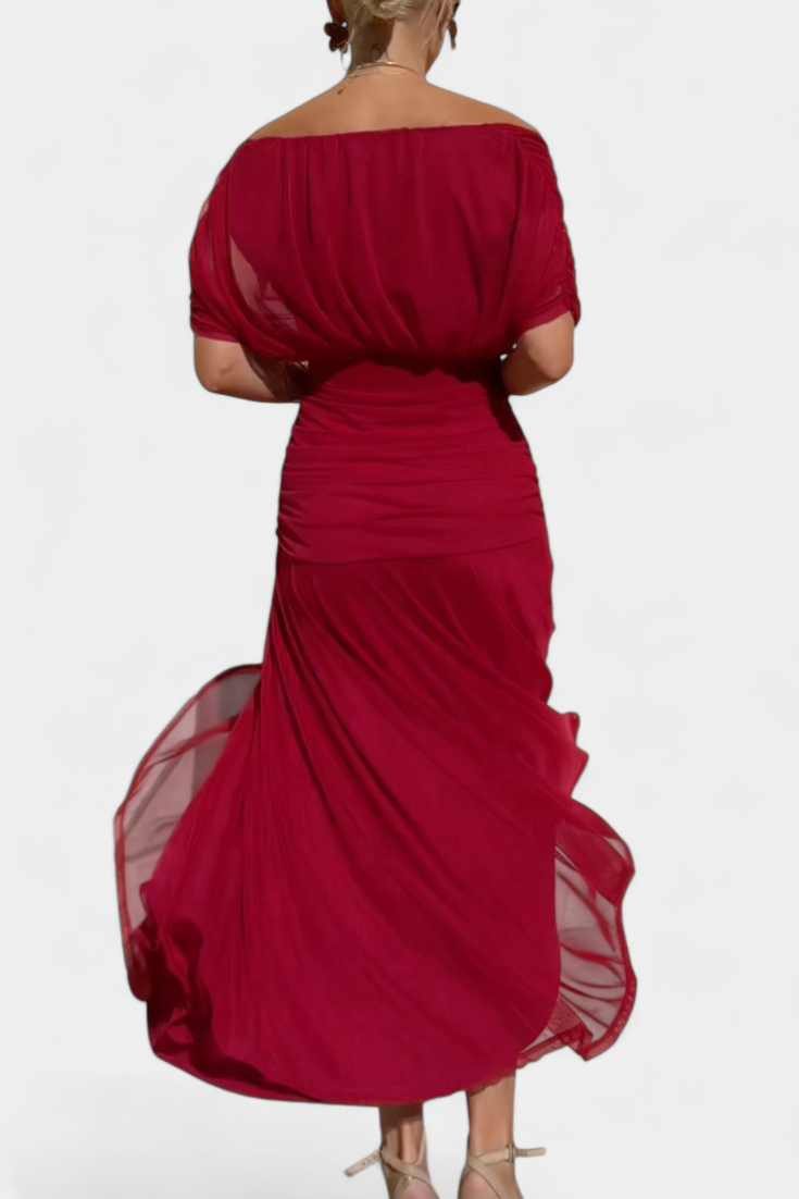 Long Floral Dress with V-Neckline and Pleated Waist Detail