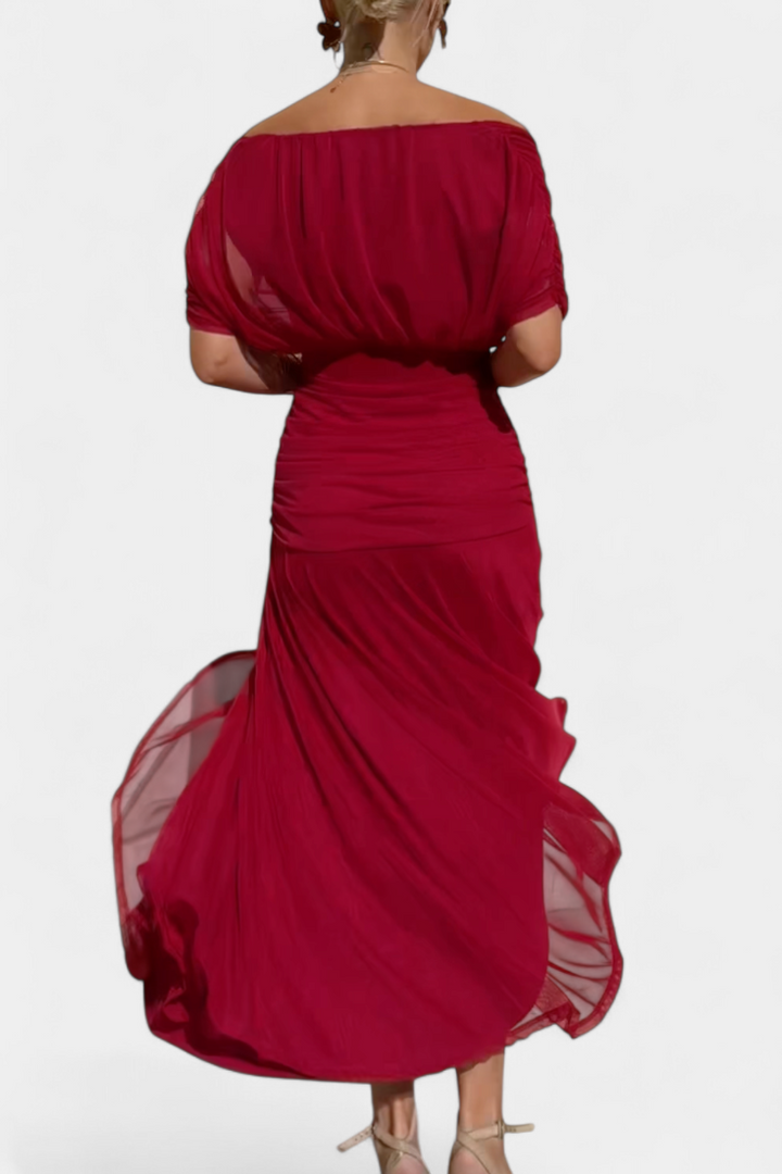 Long Floral Dress with V-Neckline and Pleated Waist Detail