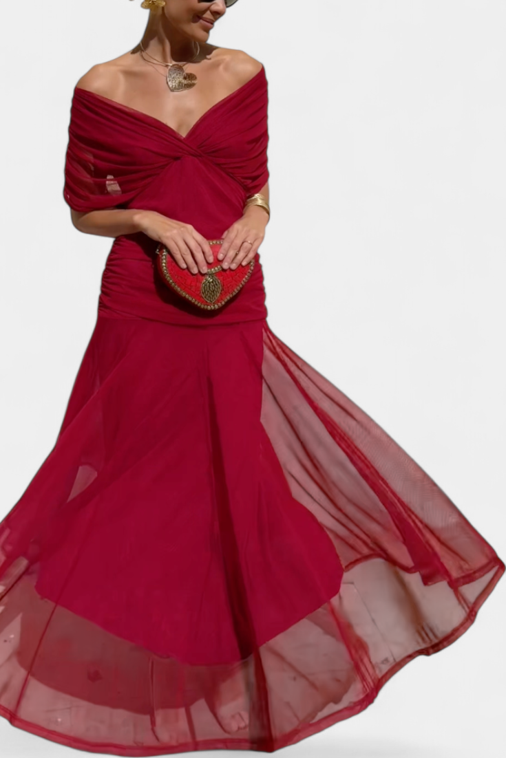 Long Floral Dress with V-Neckline and Pleated Waist Detail
