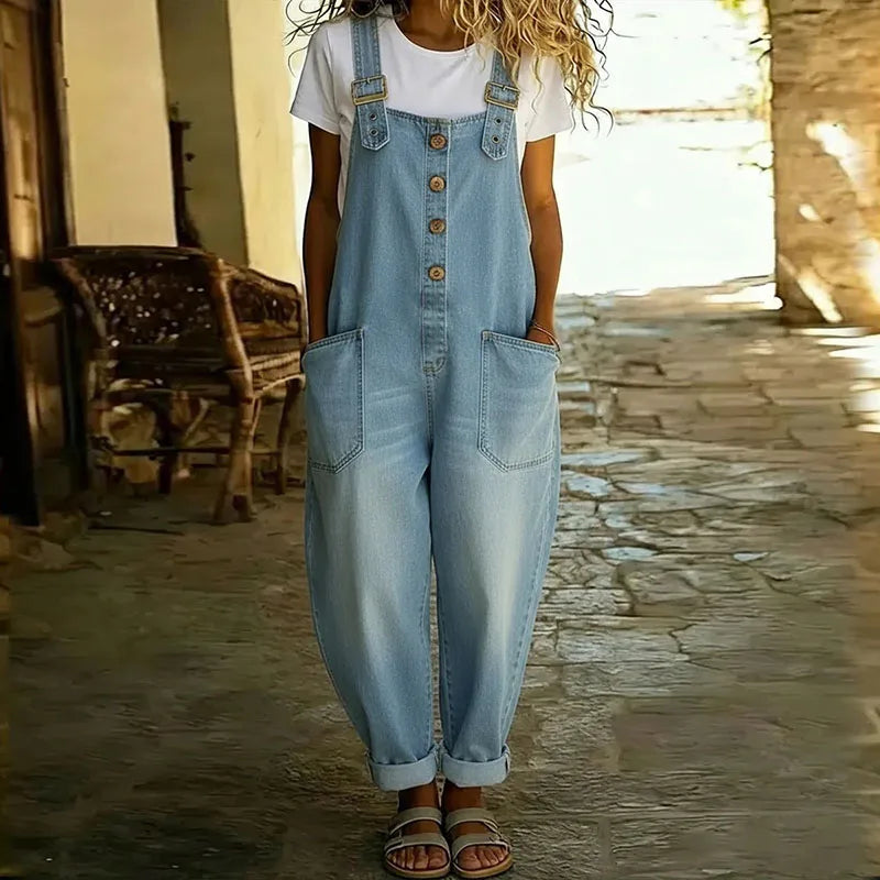Wide-Leg Overalls with Adjustable Straps and Vintage Denim Aesthetic