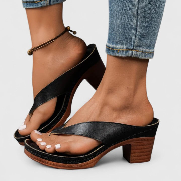 Thong-Style Block Heel with Contoured Footbed and Wood-Grain Sole