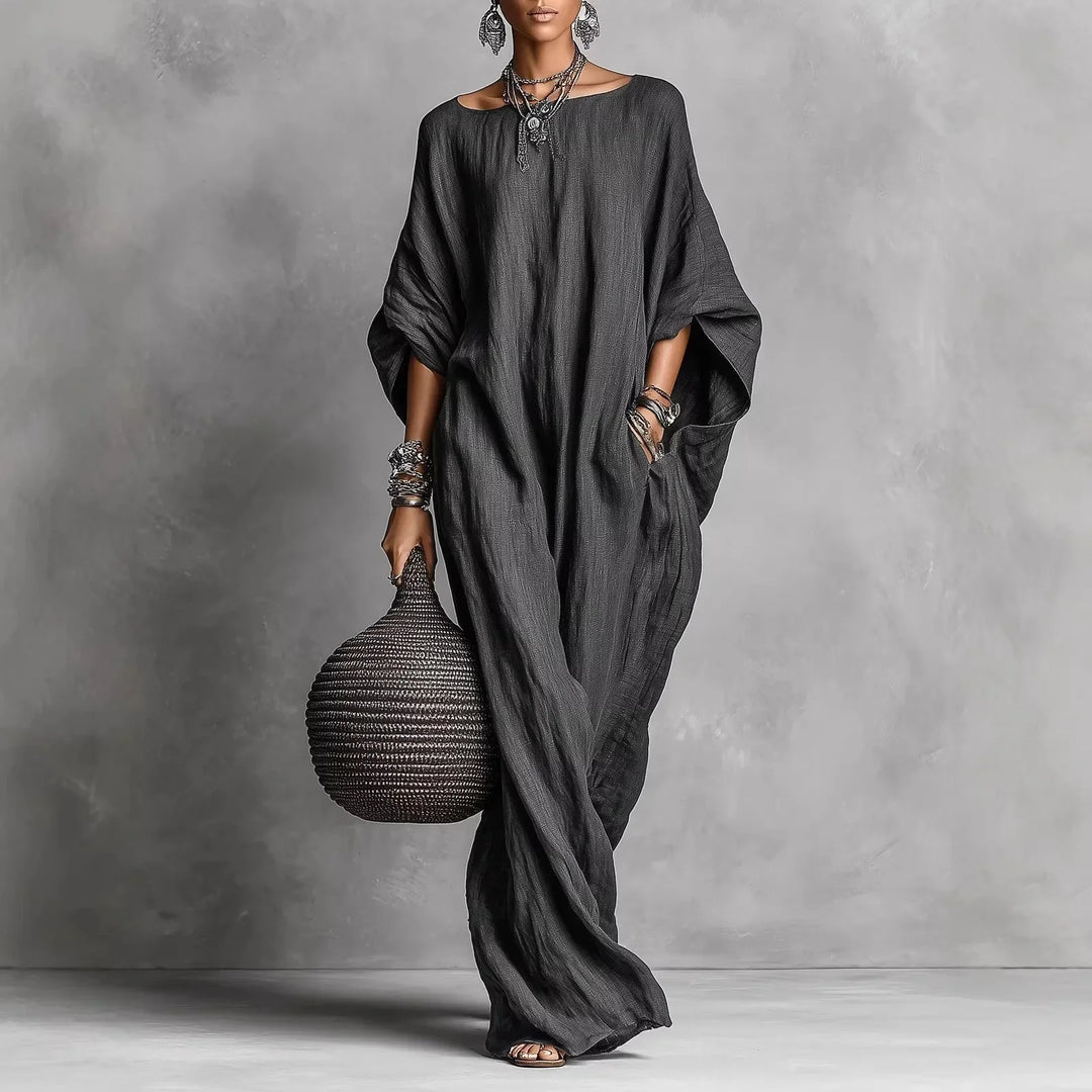 Oversized Linen Maxi Dress with Batwing Sleeves and Breathable Fabric