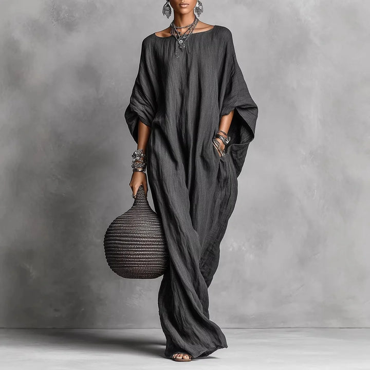 Oversized Linen Maxi Dress with Batwing Sleeves and Breathable Fabric