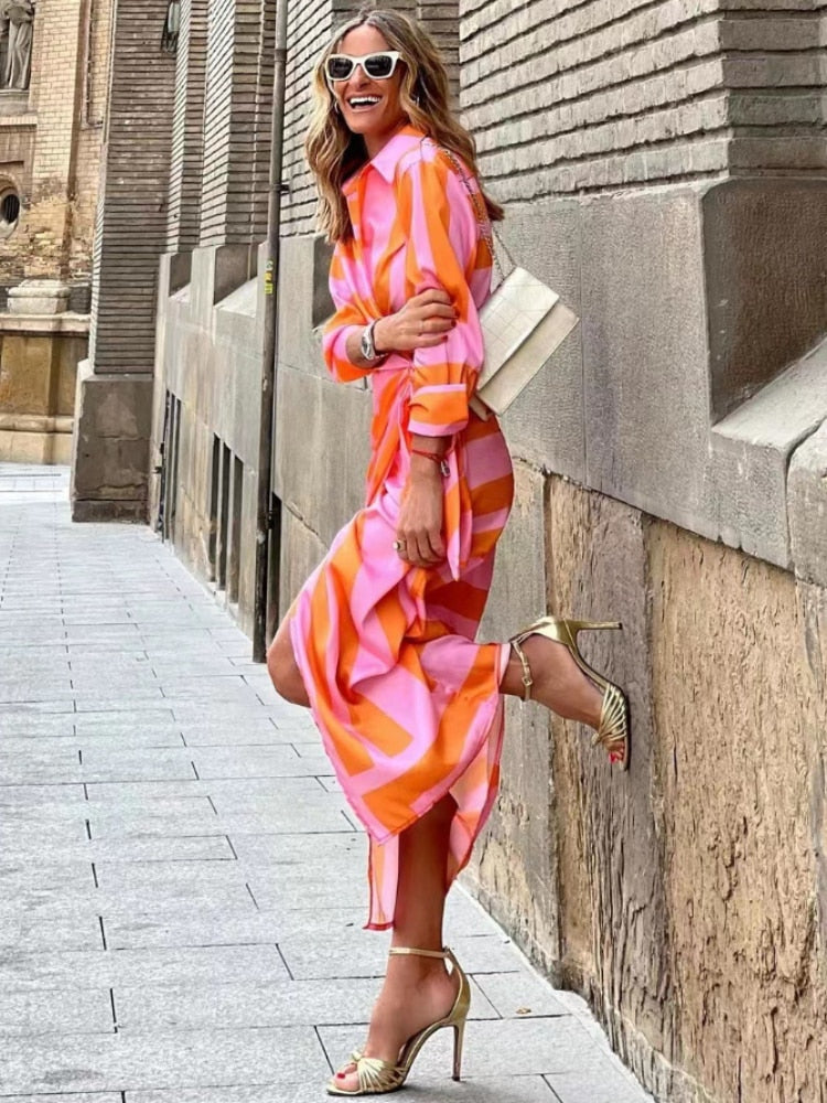 Striped Midi Shirt Dress with Button Front and Breathable Fabric