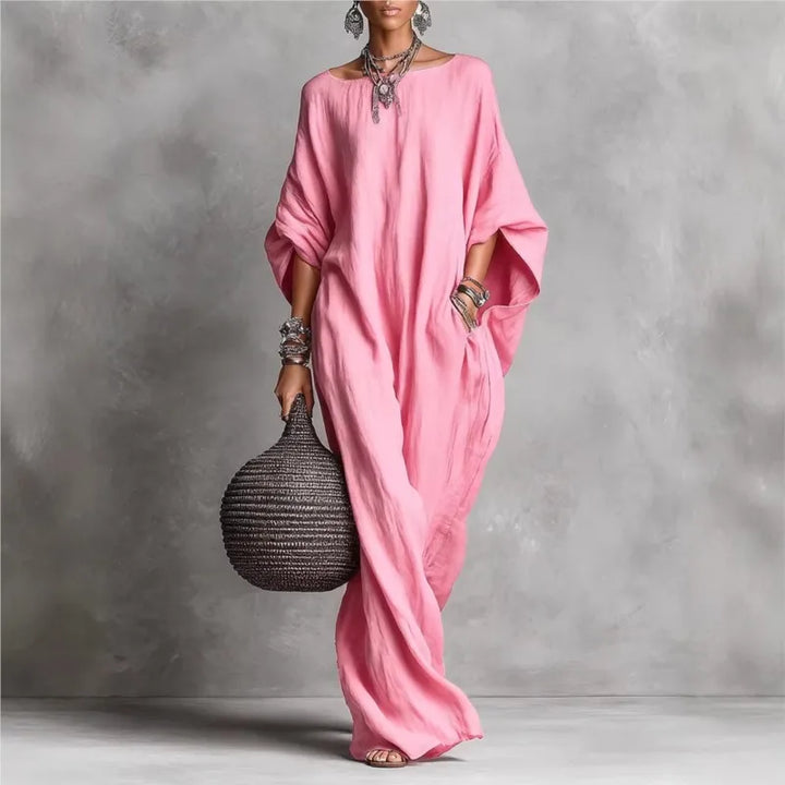 Oversized Linen Maxi Dress with Batwing Sleeves and Breathable Fabric
