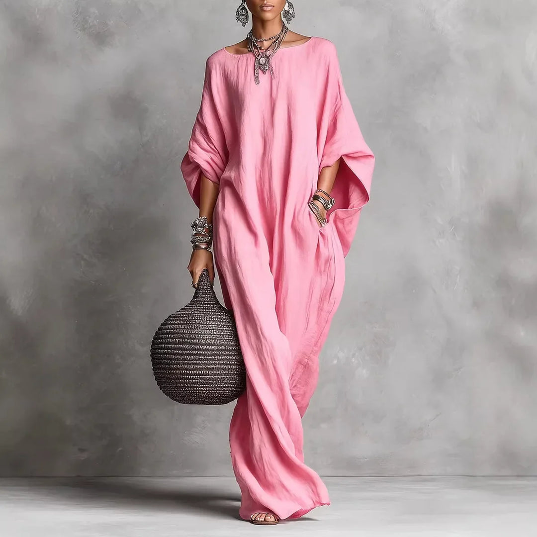 Oversized Linen Maxi Dress with Batwing Sleeves and Breathable Fabric