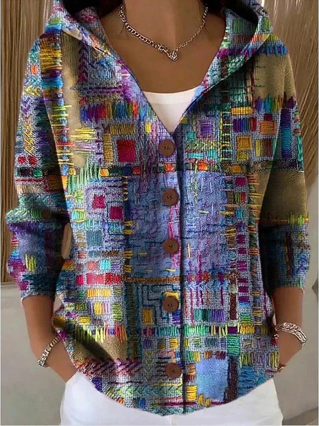 Women's Long Hooded Cardigan with Button Closure and Patterned Design