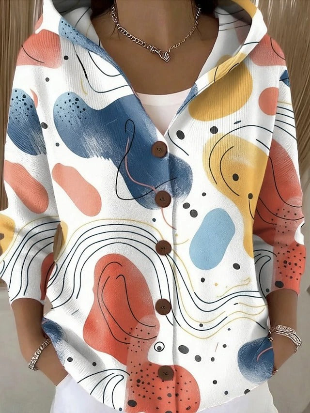 Women's Long Hooded Cardigan with Button Closure and Patterned Design