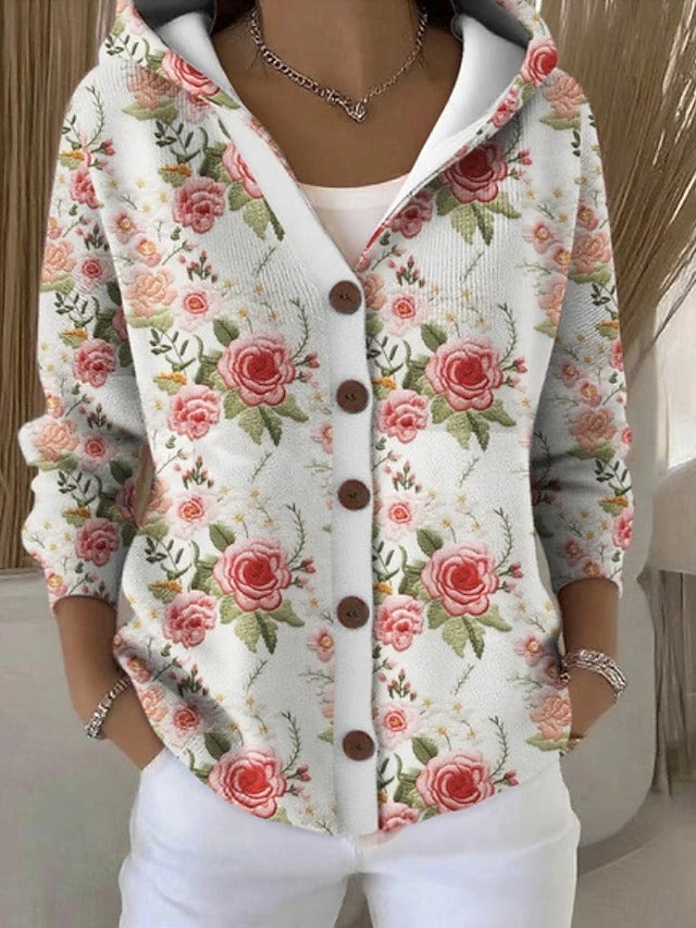 Women's Long Hooded Cardigan with Button Closure and Patterned Design