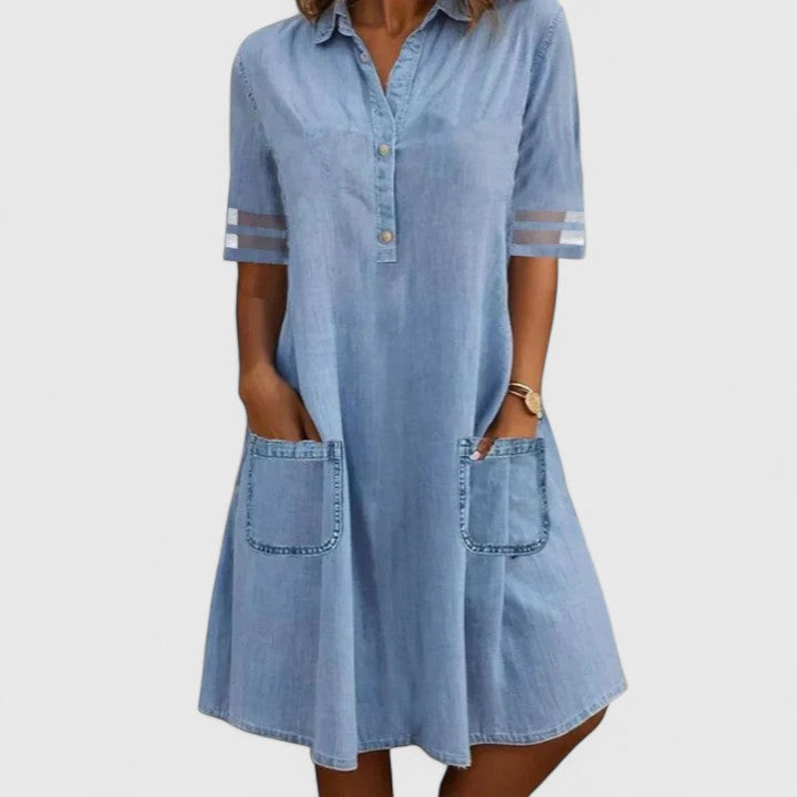 Relaxed Denim Dress with Half-Button Front and Patch Pockets