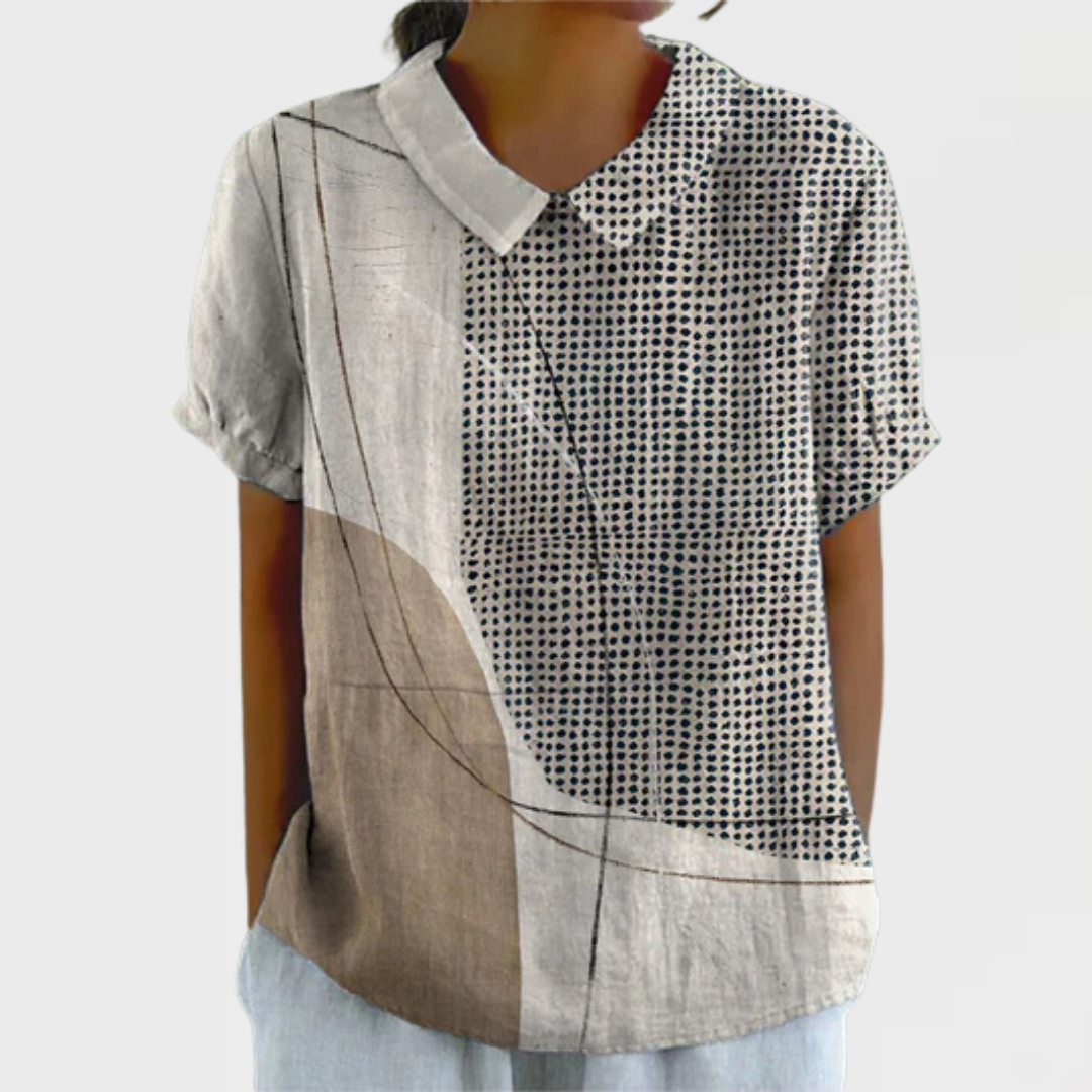 Abstract Dots and Lines Shirt with Cotton Linen Blend, Relaxed Fit