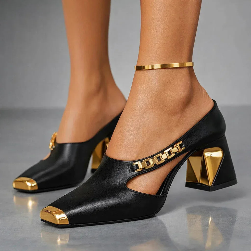 Block Heel Dress Shoes with Arch Support and Metallic Cutout Details